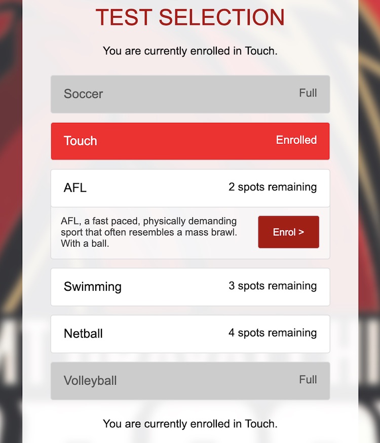 Sport selection website selection page