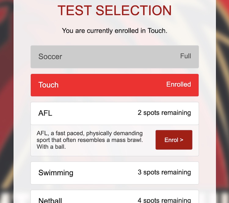 Screenshot of selection page